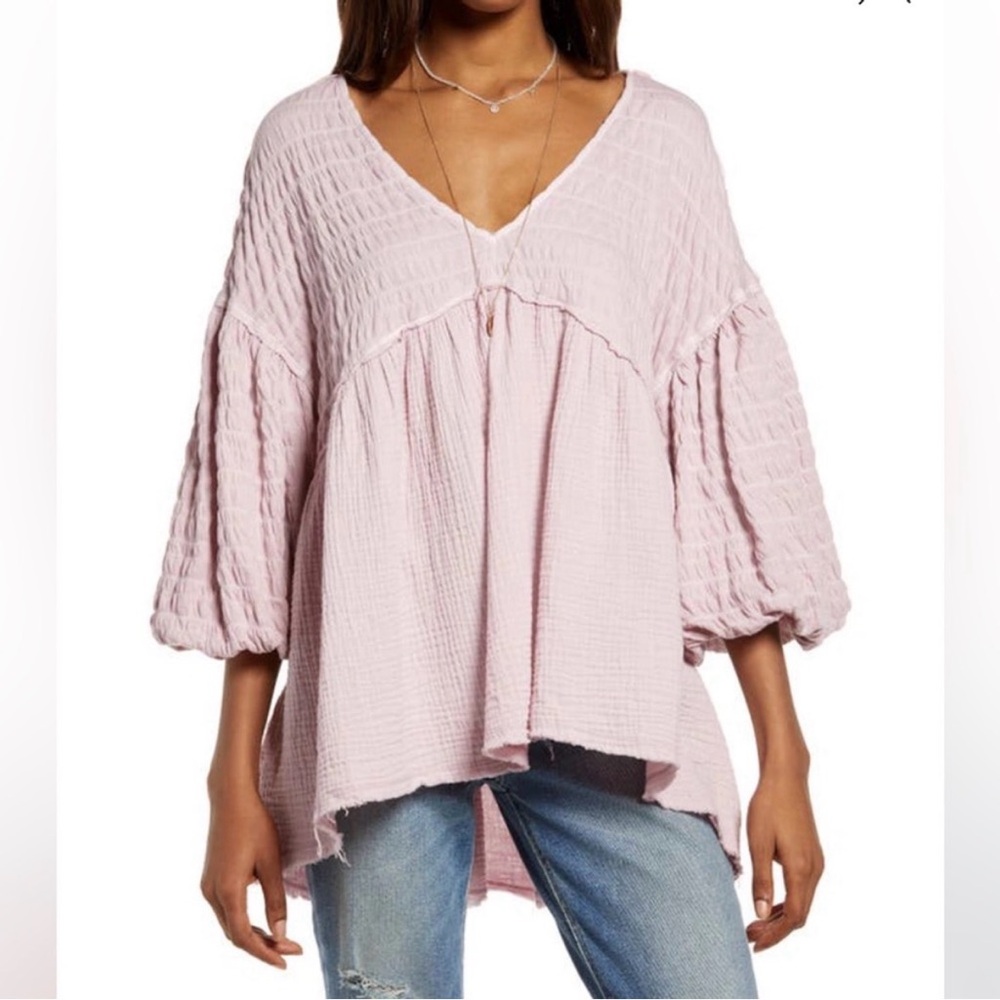 Free People Light Pink Gauze V-Neck Balloon Sleeve Tunic